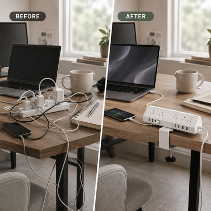 Messy desk setup with tangled charging cables before using Deskora Pro. Clean desk setup with Deskora Pro clamped to the front edge of the desk.
