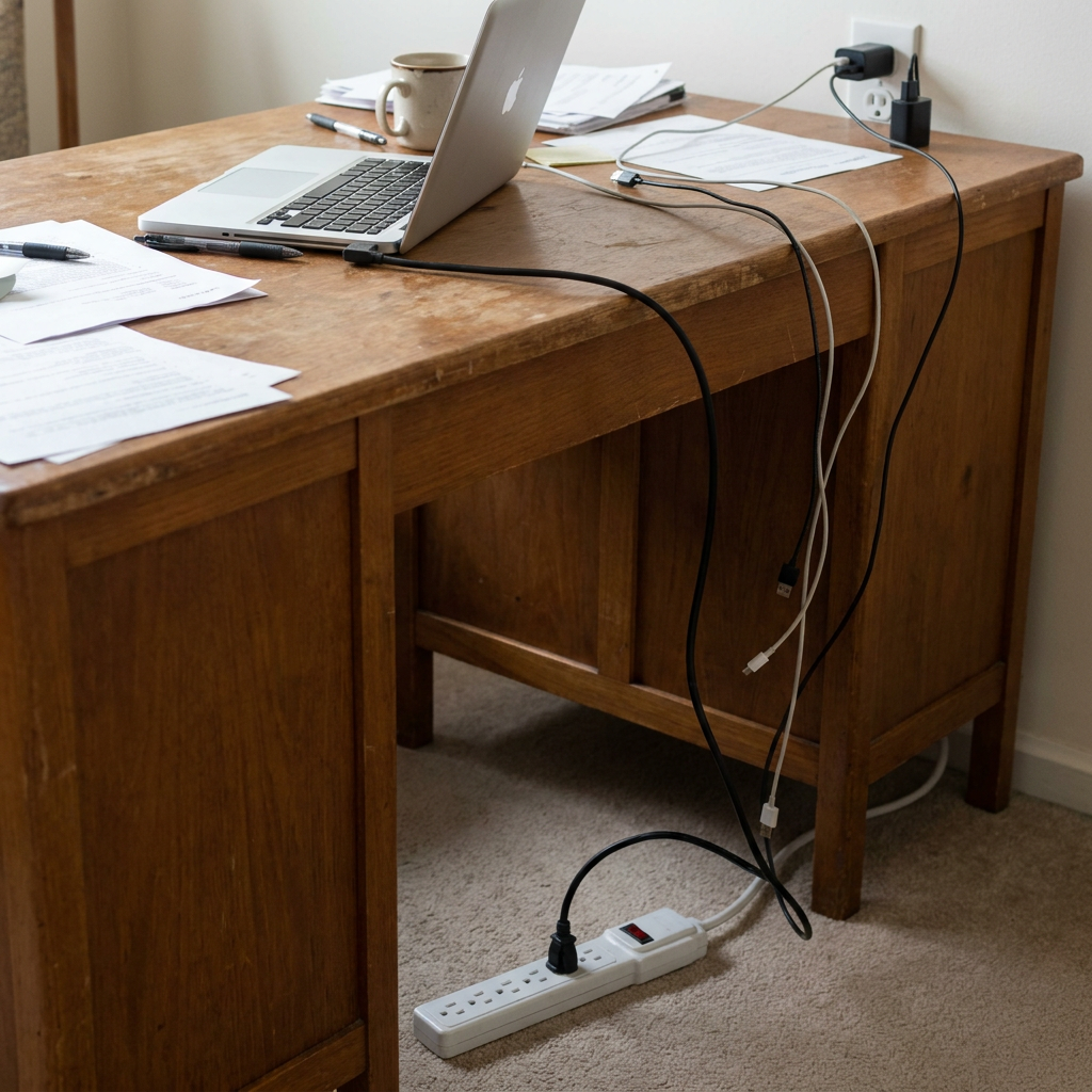 Before using Deskora Pro: messy desk cables and floor power strip
