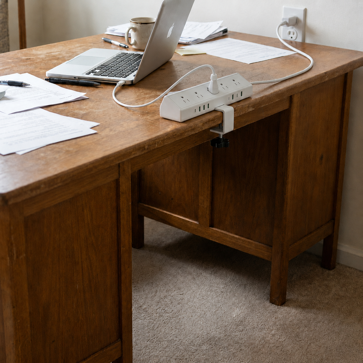 After using Deskora Pro: clean desk-edge power access